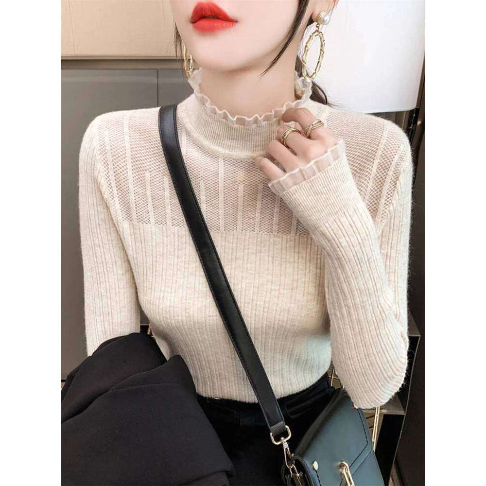 Lace Mock Neck Women Sweater Sexy See-through Knitwear Pullovers Jumper Autumn Winter Solid Soft Long Sleeve Sweaters Female Top Z260313