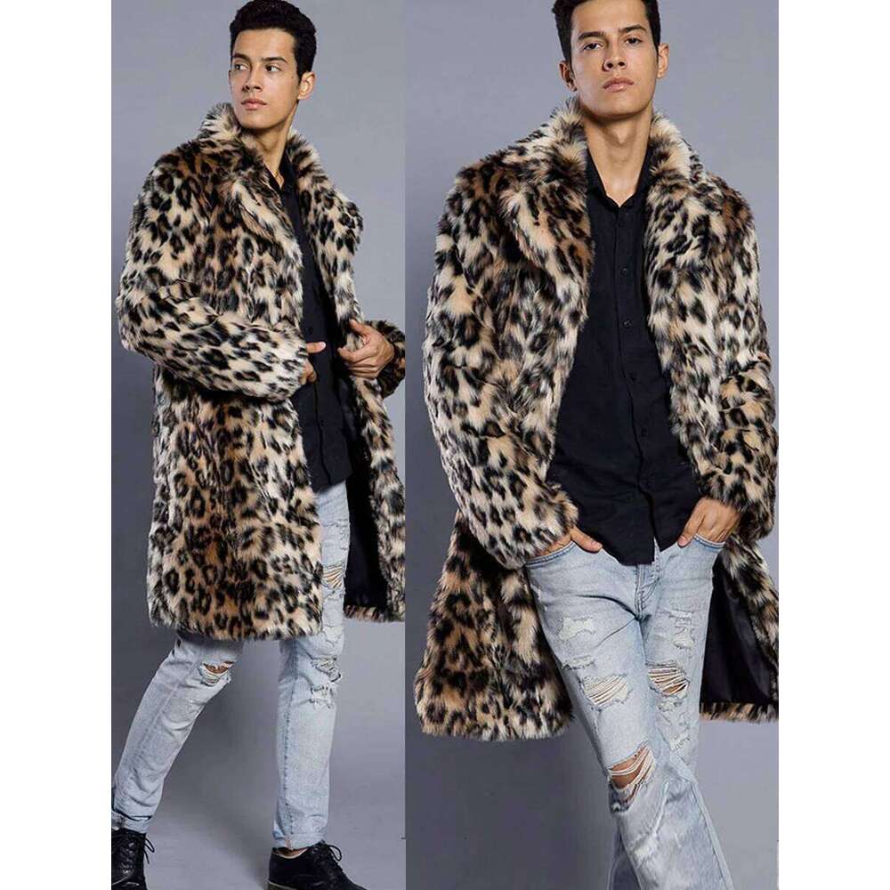 2022 Autumn Winter Large Lapel Long Faux Fur Jacket Men's Overcoat Mens Clothing Leopard Thick Coat Z260313