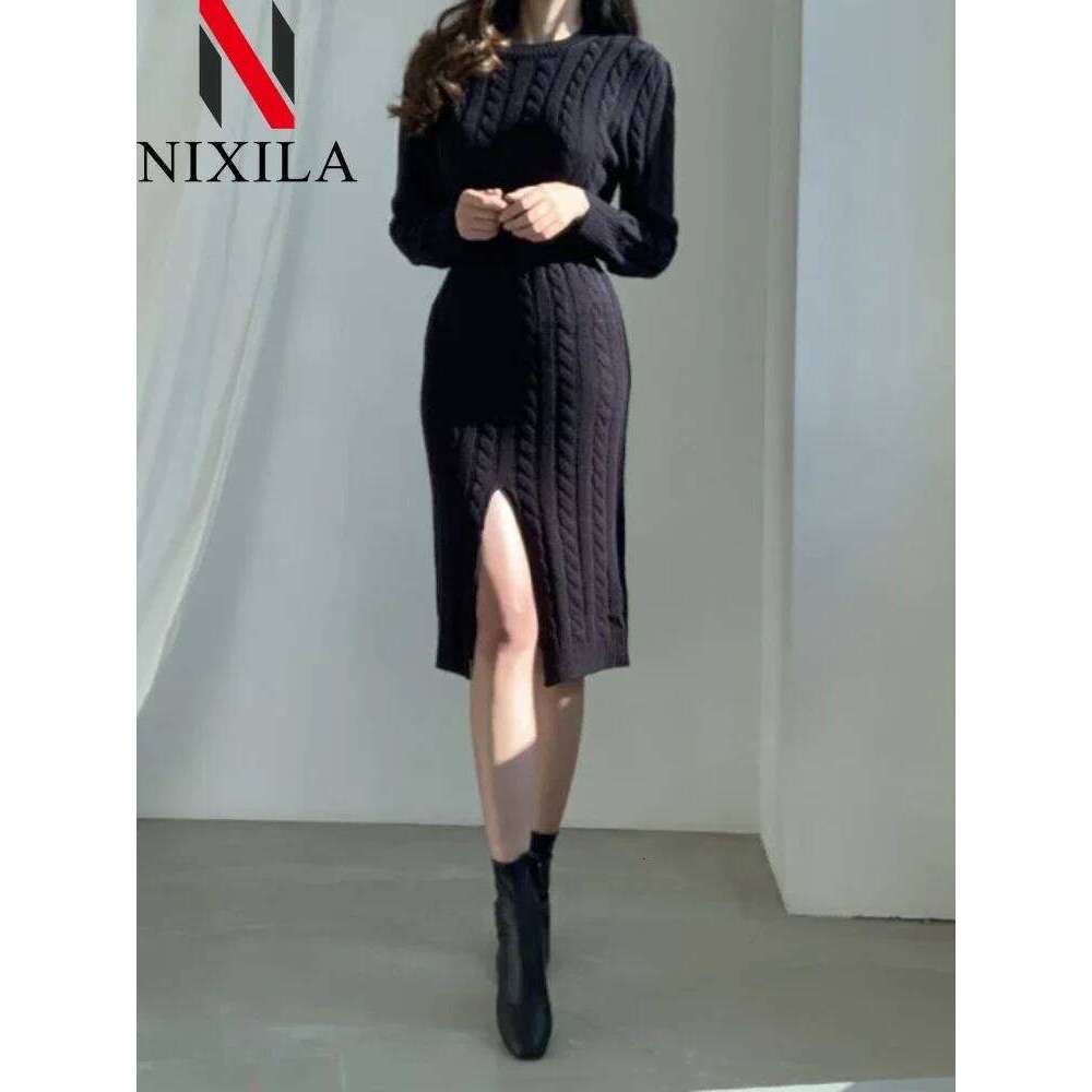 Spring Autumn Women Knitted Tops Pullover Skirt V-neck Long Sleeves Slim Sweater Dress Fashion Elegant Female Clothing Z260314