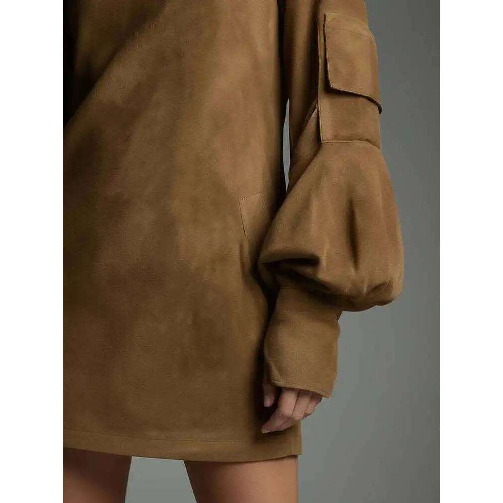 Autumn Retro Solid Suede Mini Short Dresses Sexy Turtleneck Slim Woman Pullover Dress Winter Long Sleeve Pockets Female Clothing Z260314