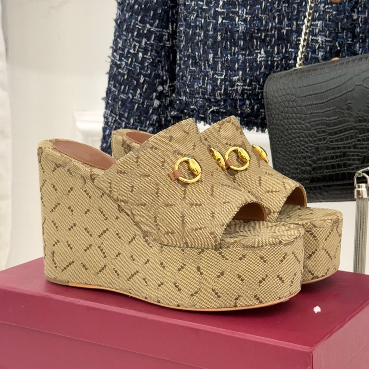 Fashion Leather canvas High heels Platform Sandal Designer slipper Womens Chunky block heel Casual slide Luxury Summer beach Sliders sandale wedge shoes gladiator