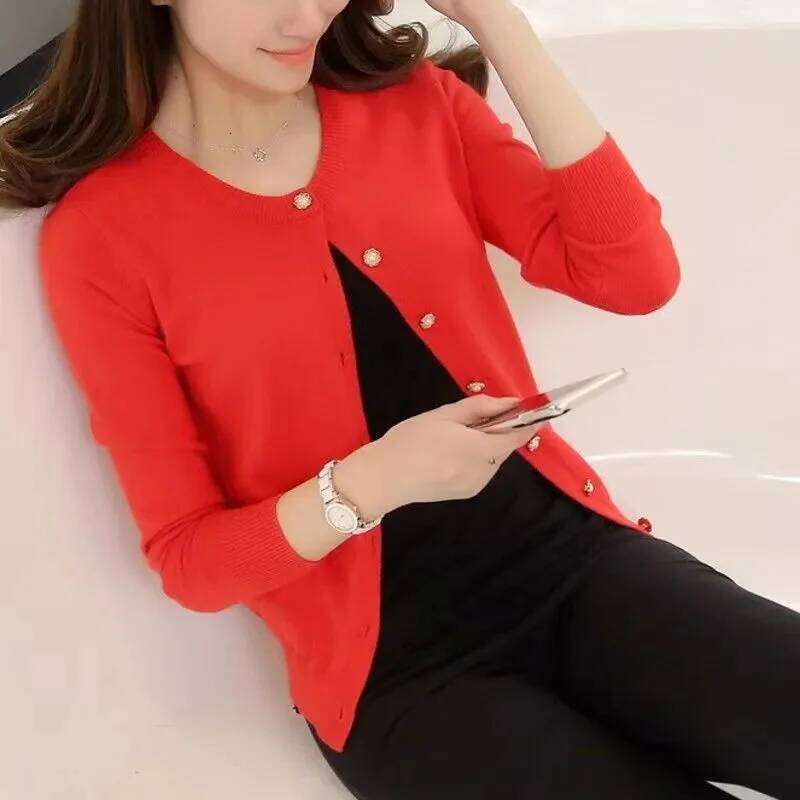 2025 Knitted for Women Cardigan Korean Single Breasted Long Sleeve Jumper Woman Round Neck All Match Cardigans Outwear Z260313