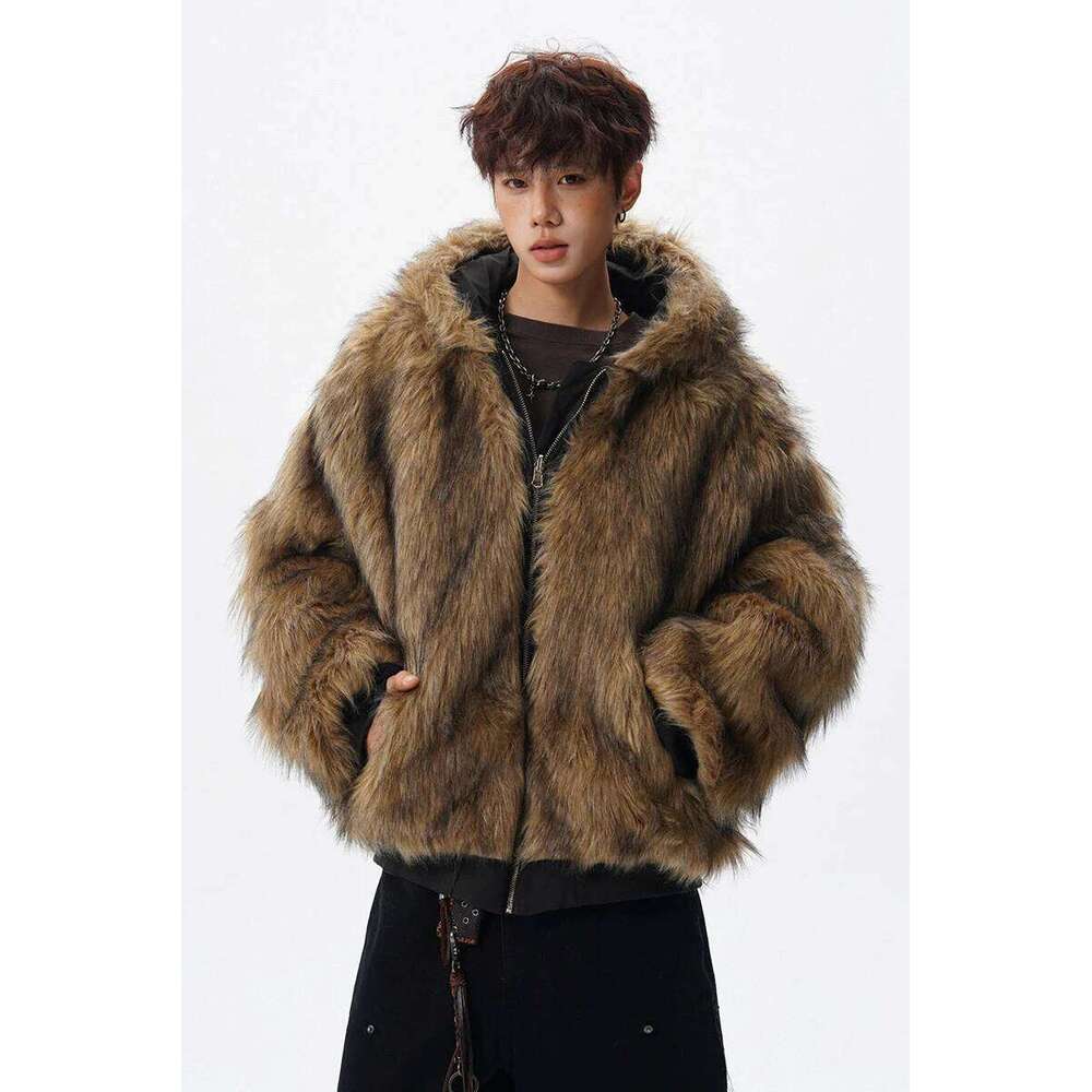 UETEEY Men's Reversible Wear Jacket Vintage Faux Fur Hairy Soft Hooded Coat Man Winter Plush Lined Warm Brown Fluffy Jackets Men Z260313