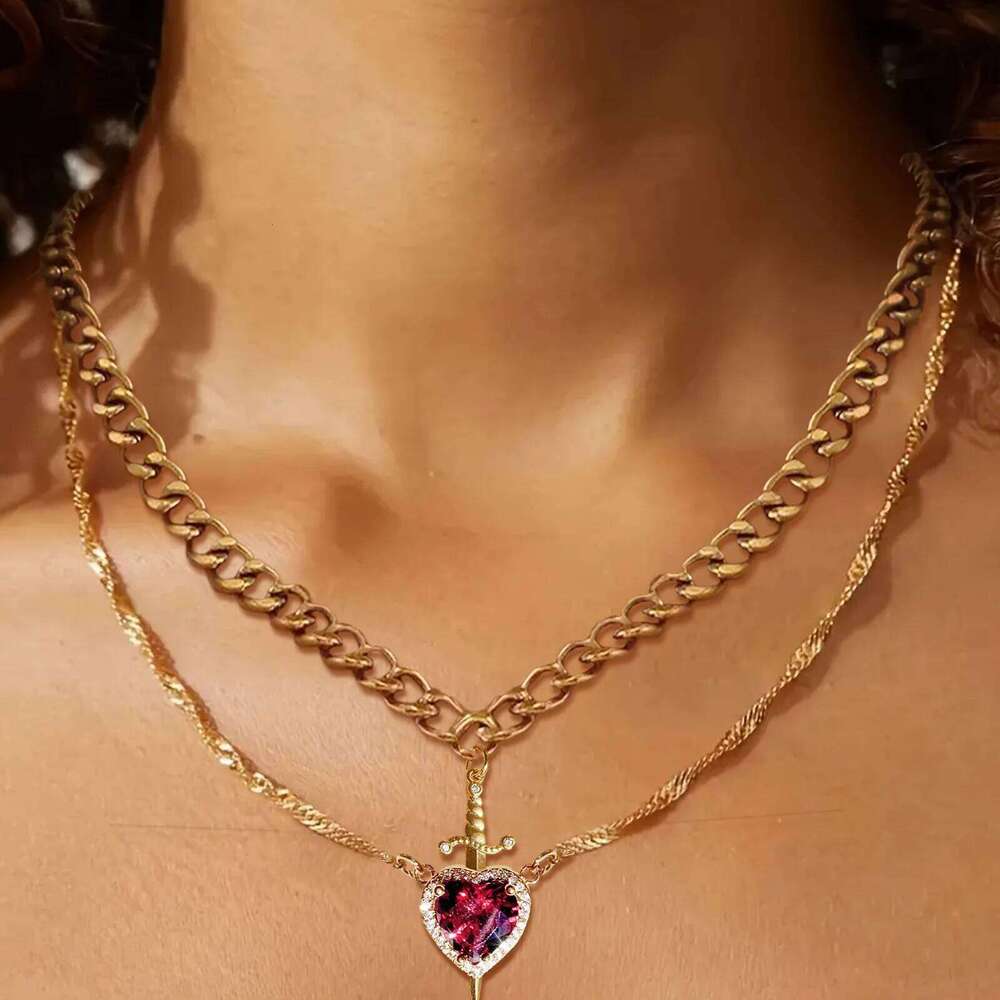 Heart and Sword Couple Necklaces Zircon Crystal Ring Necklace Jewelry Set for Romantic Valentine's Day Gifts H260312