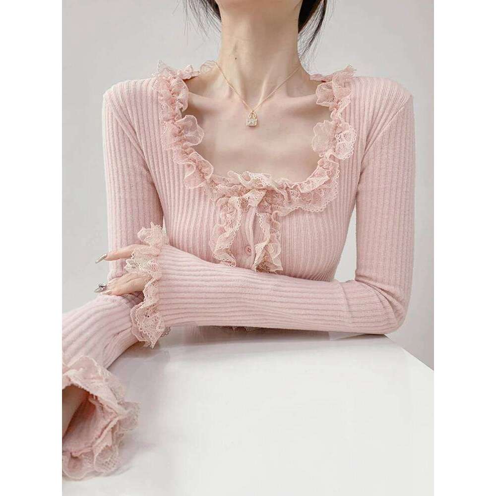 2025 Square Collar Lace Edge Splicing Long Sleeve Knitted Sweater Women's Retro Short Style Slim Tops Single-breasted Cardigan Z260313