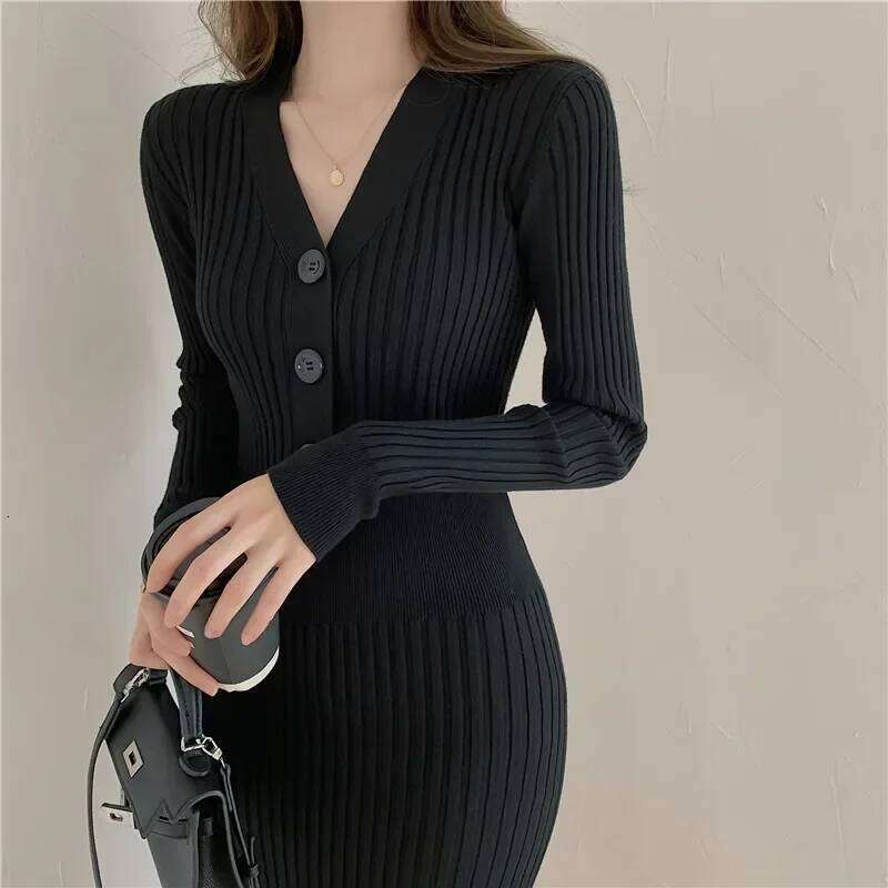 ITOOLIN Women Buttons Sweater Long Sleeve Elegant Knit V-Neck Slim Bodycon Dress Female Office Vestidos Autumn Winter Z260313