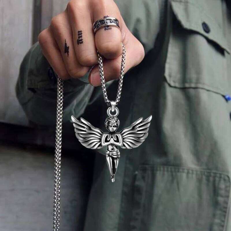 Angel With Feather Wing Pendant Necklace Stainless Steel Retro Punk Fashion Silver Color Hip Hop Rock Neck Jewelry Party Gifts H260312