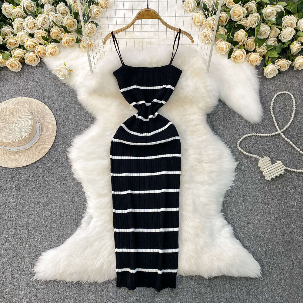 2026 European and American sexy backless camisole dress summer new elastic striped knitted slim fit