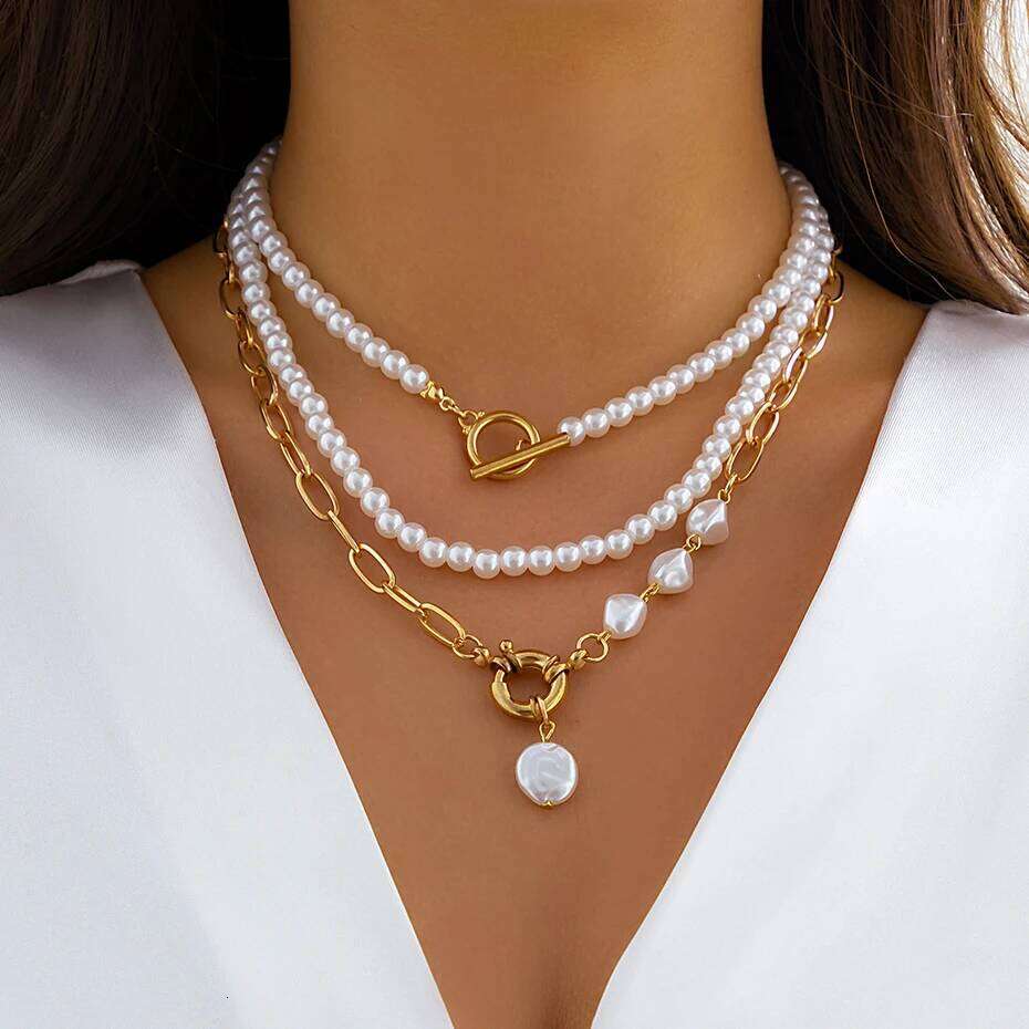Ingemark Multilayer Imitation Pearl OT Buckle Pendant Necklace Women Wed Bridal Goth Bead Chain Y2K Accessories Neck Jewelry H260312