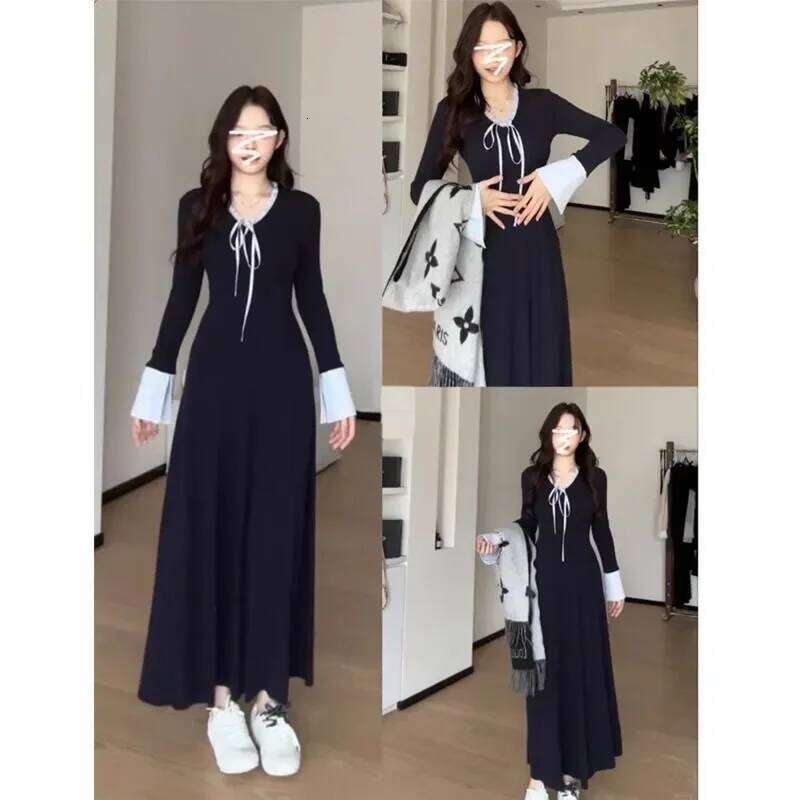 Small High-end Long-sleeved Knitted Dress Women in Autumn Winter New Style Waist Bottoming Inner Long Skirt Z260313