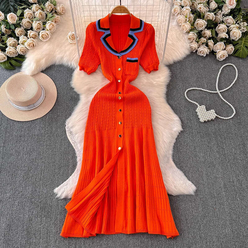 2026 designer European and American women's knitted short sleeved dress with slit and long skirt for elegant commuting