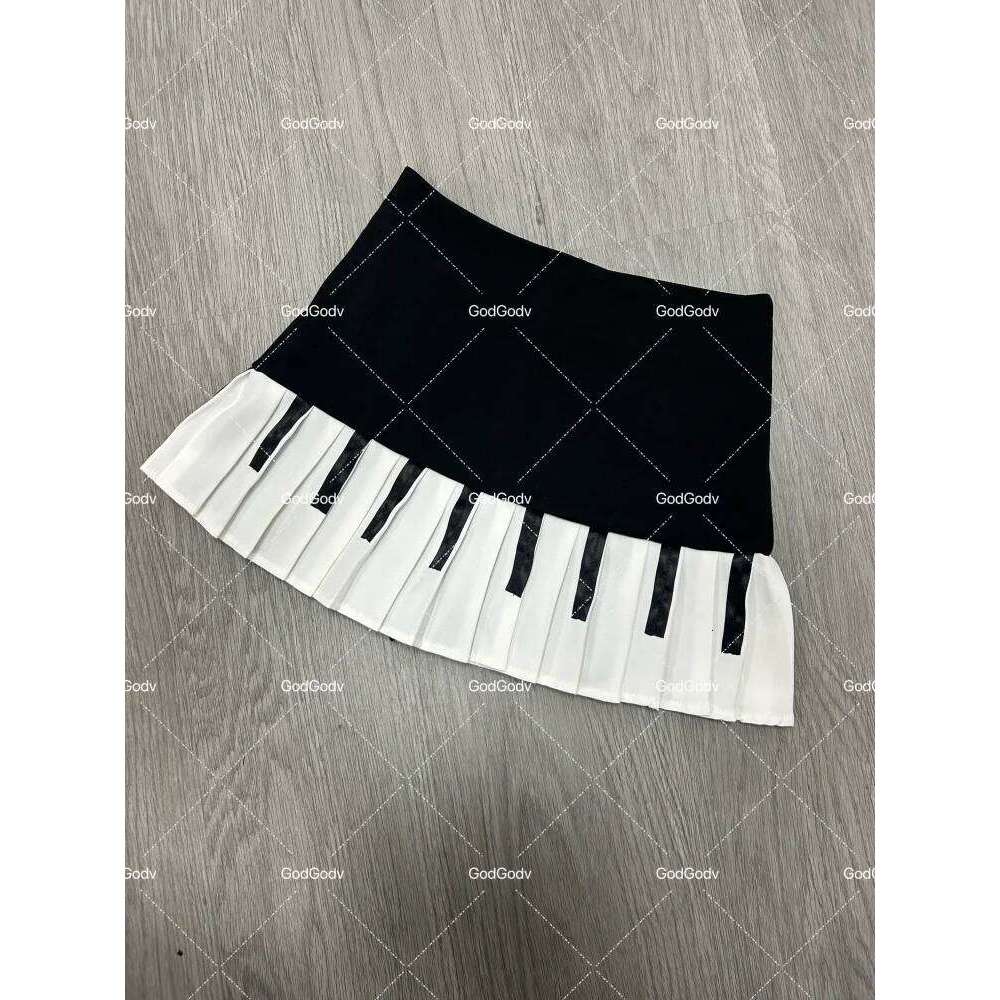 Spring Black White Spliced Women Short 2025 Y2k Slim Design Harajuku Mini Female Empire Korea Style Chic Piano Skirt Z260314