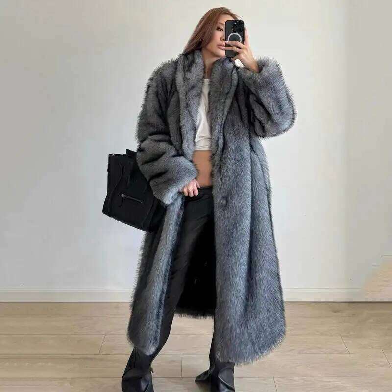 LANMREM High Qualityy Grey Women's Faux Fur Winter Chic New Warm Lapel Sleeve Big Size Cardigan Thick Long Coat DB3882 Z260313