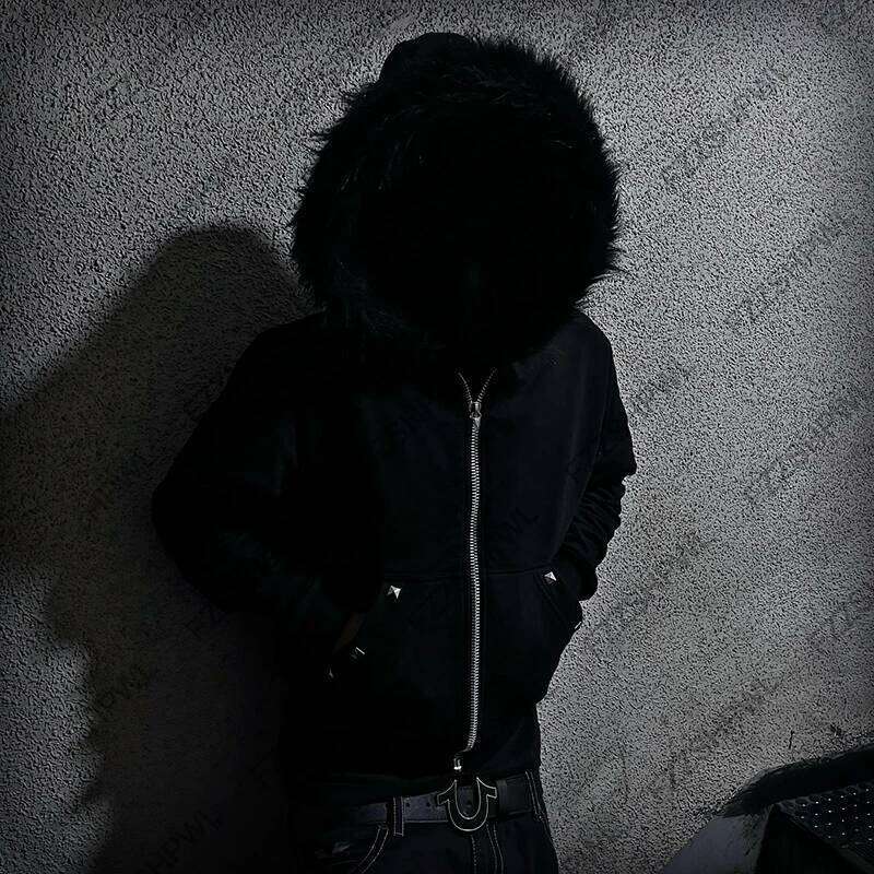 Rivet design Rock Gothic Dark Faux Fur Collar Y2K Zip up hoodie Streetwear Chic Zipper Hoodie sweatshirt Punk Hip Hop Pullover Z260314