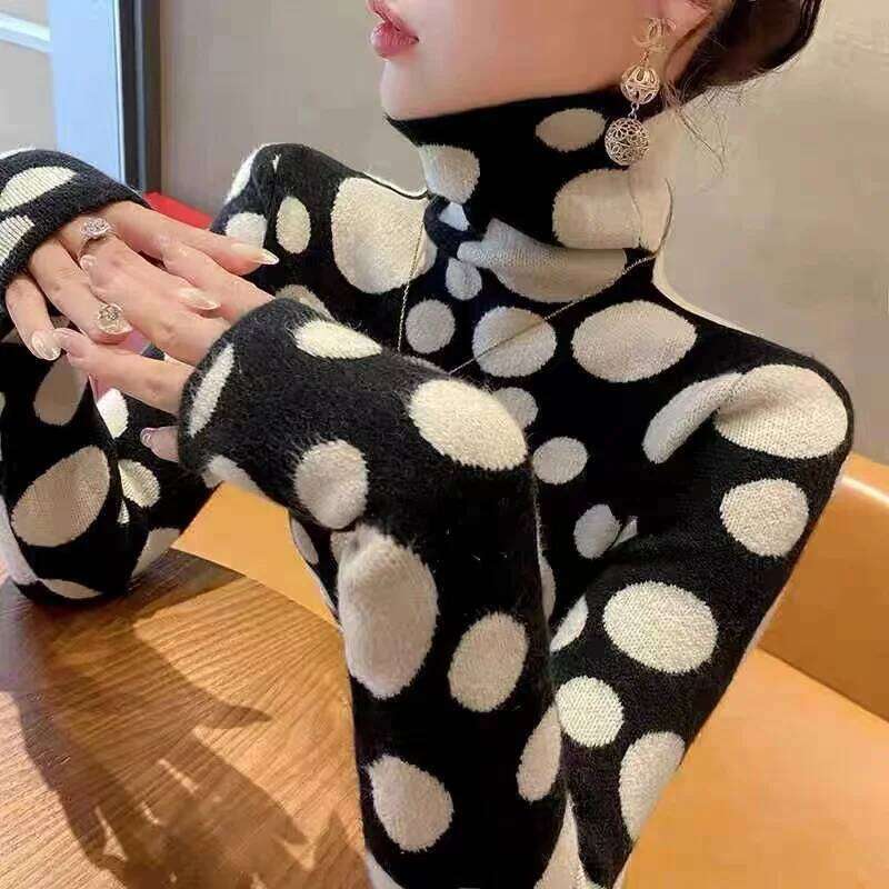 Women's Clothing Fashion Turtleneck Long Sleeve Knit Sweaters Autumn Winter Elegant All-match Slim Polka Dot Pullovers Chic Tops Z260313