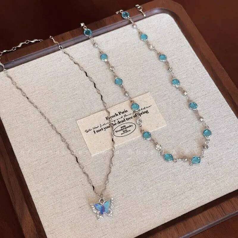 LATS Romantic Blue Crystal Butterfly Necklace for Women Girls Simple Shiny Zircon Bilayer Choker Clavicle Chain New Fine Jewelry H260312