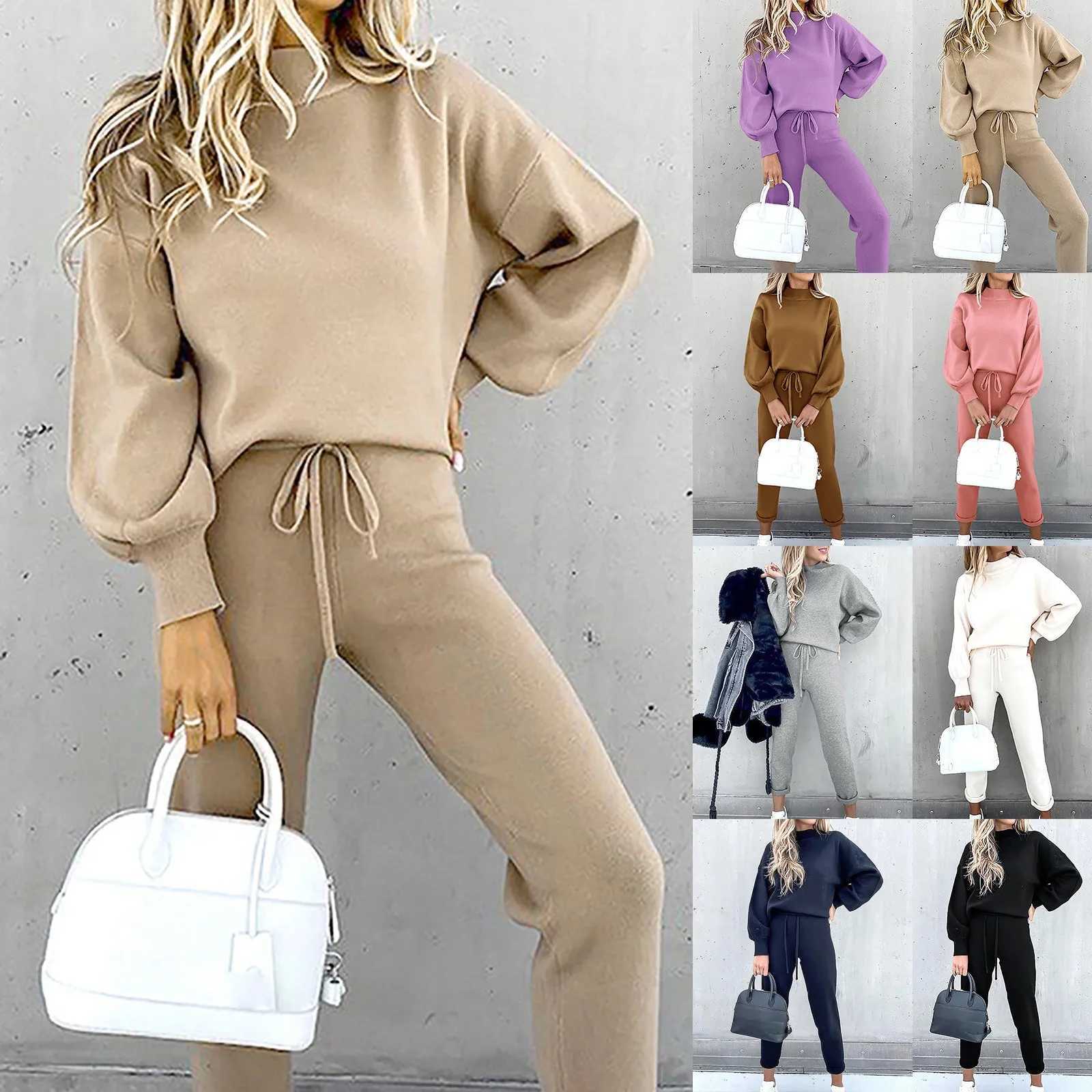 Elegant Cozy Women Two Piece Set Mock Neck Long Sleeve Top Popular Tie Waist Jogger Pants Loose Fit Comfy Casual Lounge Outfit M260313