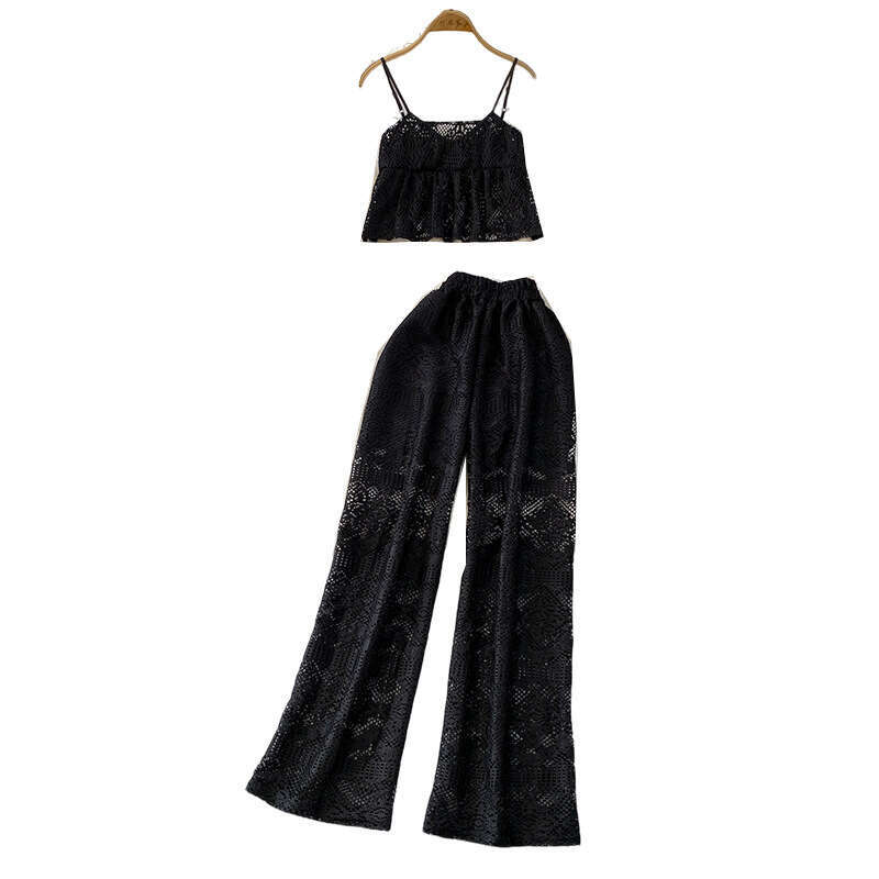 2026 designer pure desire style sexy lace hollow V-neck A13 short vest high waist slim fit wide leg pants two-piece set