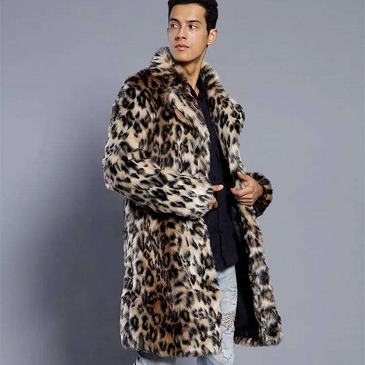 Men's Fashion Leopard Faux Overcoat Winter Warm Extra Jacket For Male Stylish Long Fur Outerwear Coat Parkas Z260313