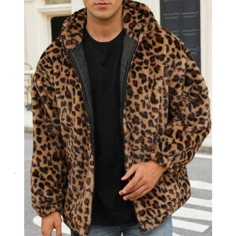 Men's Clothing Faux Fur Coat Bestseller for with Plush Color Contrast Warm Thick Leopard Print Jacket Z260313