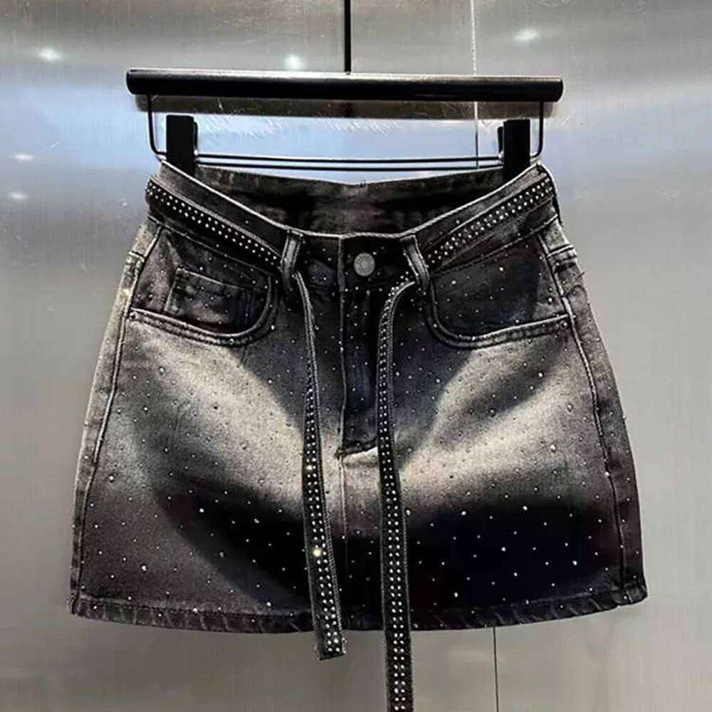 Oversize Retro Denim Mini Skirt for Women Summer High Waist Shiny Rivet Slim Gradient Black Grey Jean Skirts Z260314