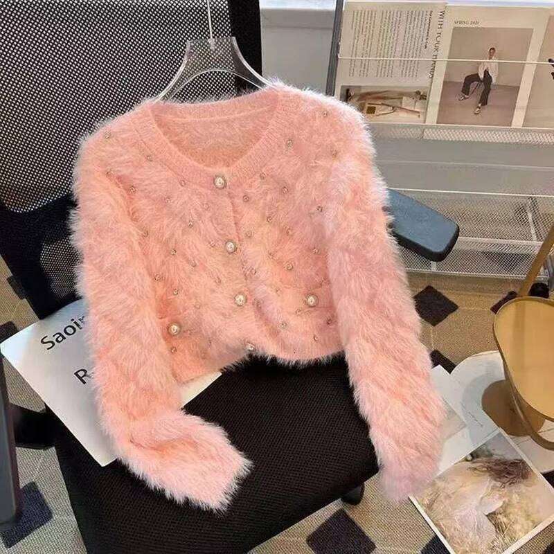 Casual Female Knitted Jacket Autumn Winter 2025 Long Sleeved Imitation Mink Women Cardigan Sweater Coat Age reduction Z260313
