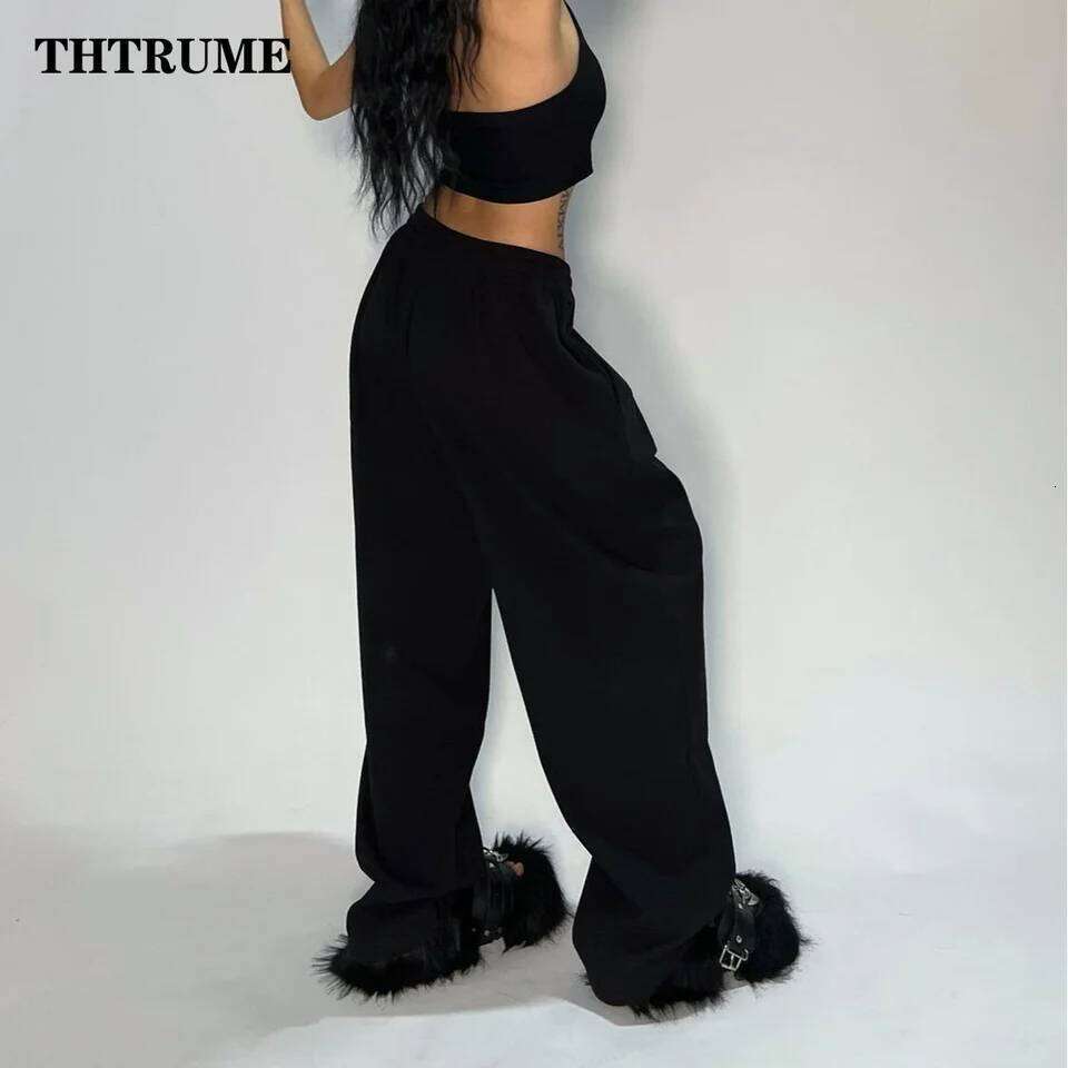 Casual Women Solid New Pant Fashion Summer Oversized Vintage Pocket Drawstring Wide Leg Pants Elegant Loose Baggy Chic Trousers