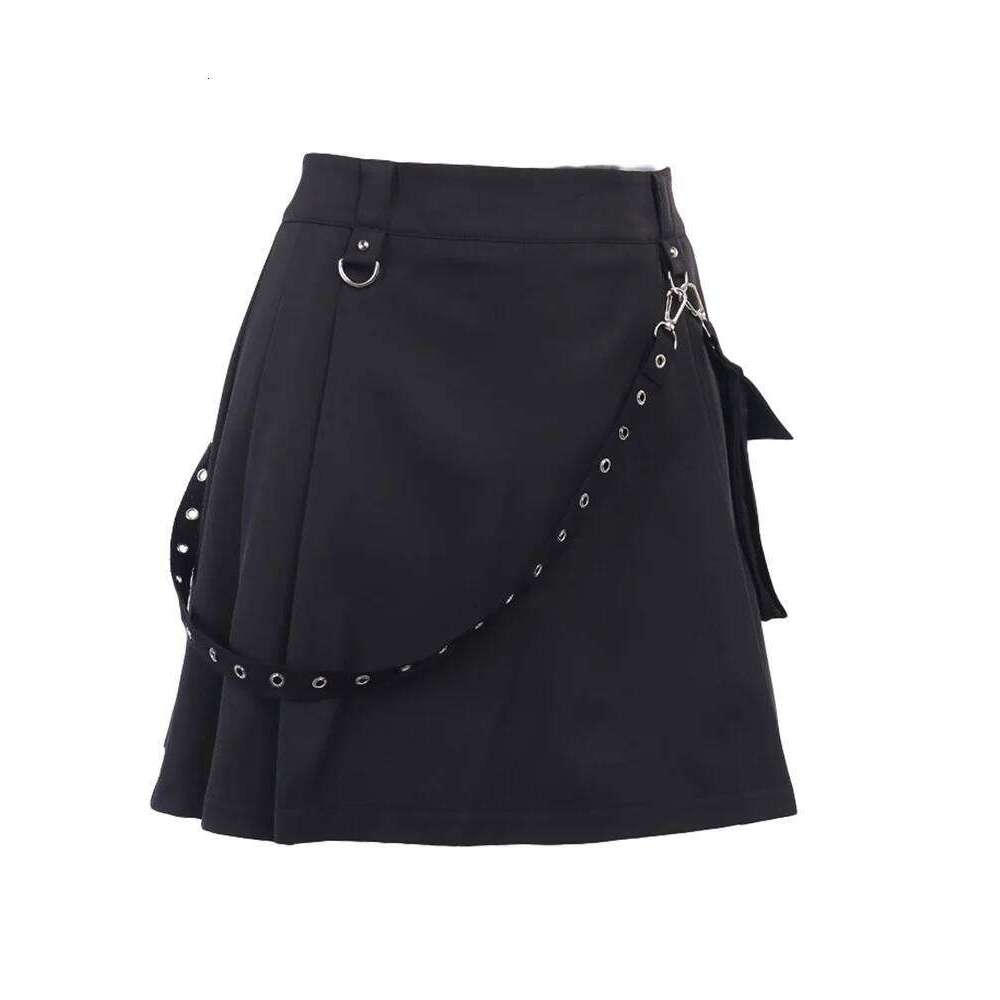 Women Gothic Punk Mini High Waist Half Skirts with Belt Pocket Korean Fashion Pleated Skirt Z260314