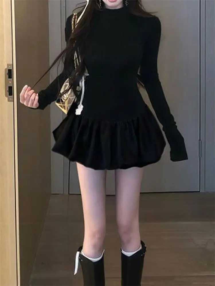 Women Slim Long-Sleeve Dress Half High Collar Puffy Dress Autumn and Winter Party Solid Color Dresses Black Fashion ElegantT260316