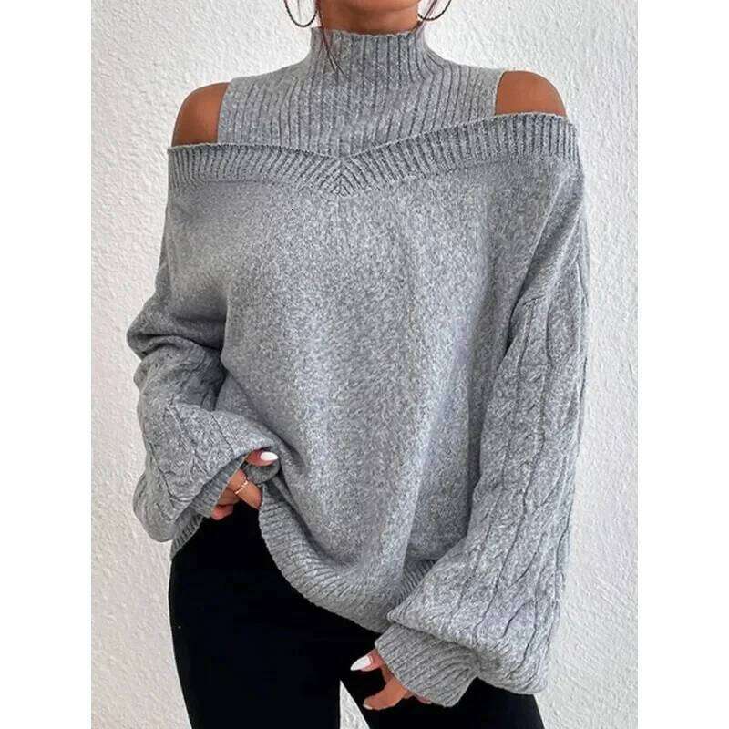 Mandylandy Off Shoulder Sweaters Semi-turtleneck Jumpers Pullovers Loose Large Long Sleeve Knitted Sweater for Women Z260313