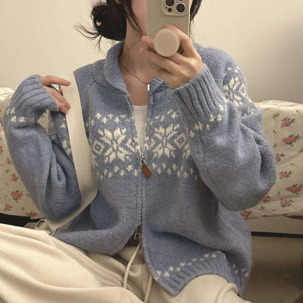 Korean Style Casual Knitted Jacquard Cardigan New Autumn Winter Women Fashion Elegant Long Sleeve Sweater Zipper Lapel Jacket Z260313