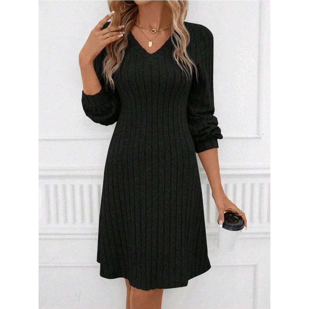Solid Color Long Sleeve Knitted Ribbed Women Mini Dress Winter Warm V-neck Pit Stripe Dresses Casual Party Vacation New Clothes Z260313