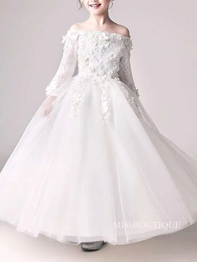 Prince White Flower Girl Elegant Off Shoulder Long Sleeves Lace Appliques Ruffles A Line Girls Pageant Toddler Children Birthday Party Dress Bc18395 B