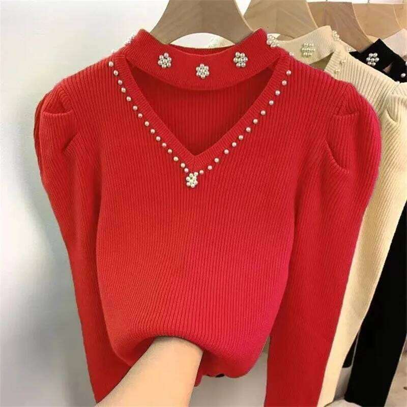 Autumn Winter Women Pullover New Fashion Hollow V-neck Nail Bead Long Sleeved Knitted Sweater Bottoming Shirt Female Top Z260313