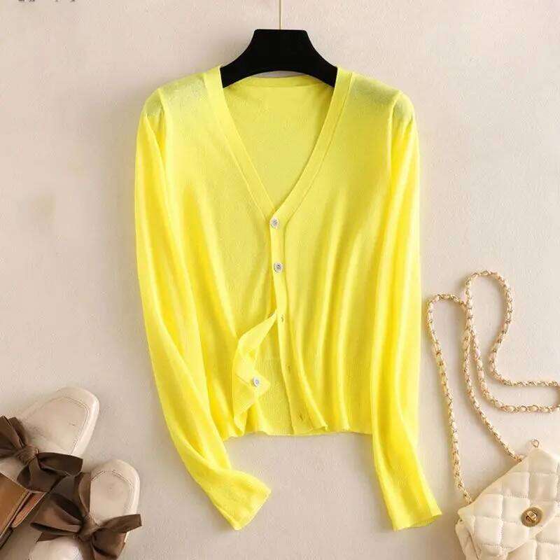Women Clothing Fashion Knit Thin Long Sleeve Shirts Summer Casual Loose Solid V-neck Blouses Lady All-match Chic Sunscreen Tops Z260313