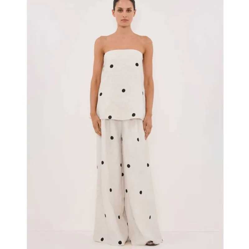 Women Fashion Backless Polka Dot Tops Pants Sets Loose Strapless Back Split Vest Pocket Wide Leg Pant 2025 Lady Vacation Outfits M260313