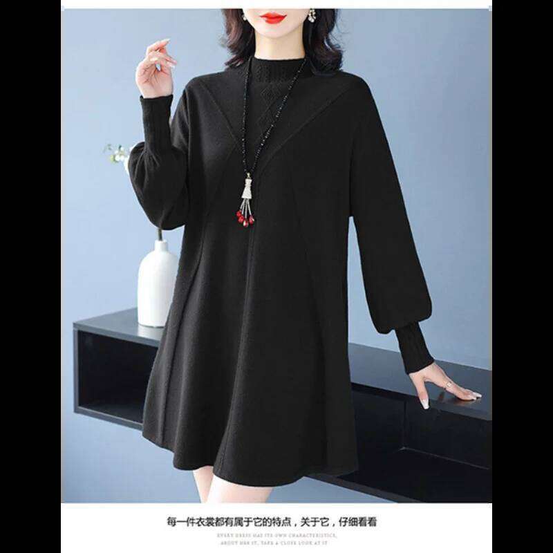 Mid-length Sweater for Women Spliced pullover Round Neck Bottoming Knitted Autumn and Winter New Loose A-line Dresses Z260314