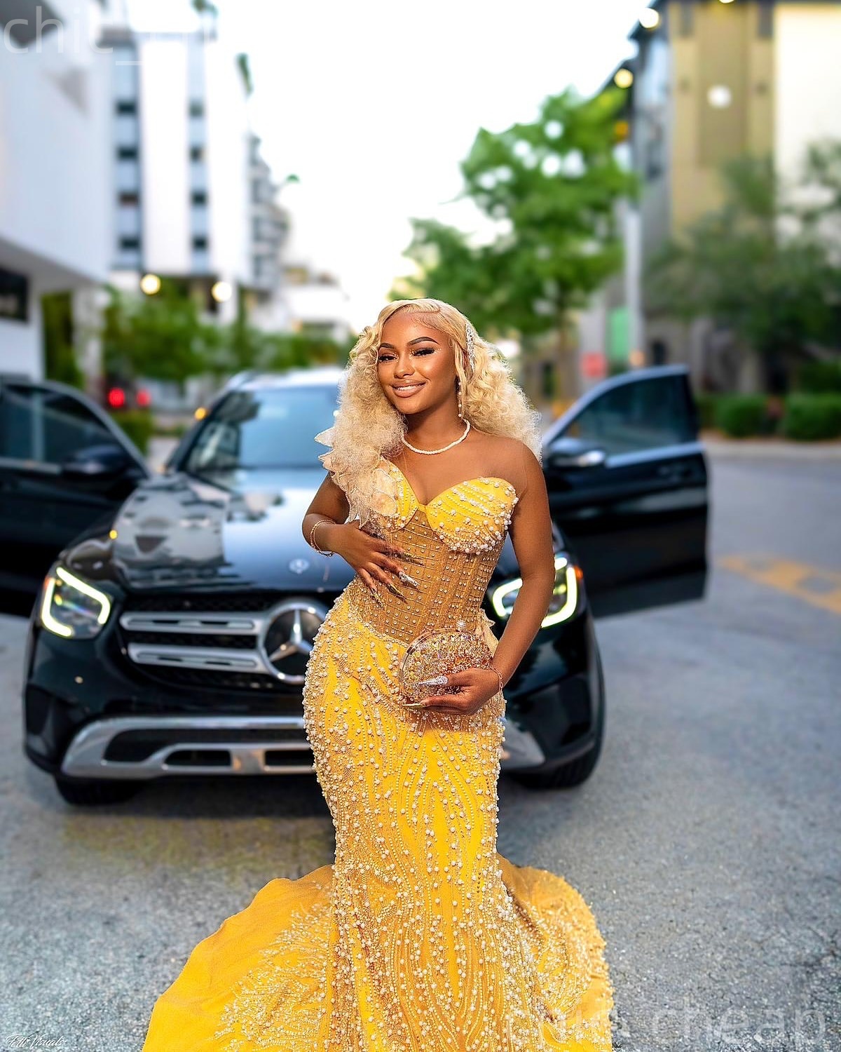 2K26 Yellow Prom Dress 2026 Mermaid Prom Dress Florals Sheer Neck Pearls Sequined Evening Dresses Birthday Party Formal Receiption Gowns Dresses ZJ079