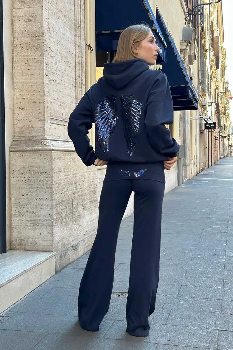 Sequin Angels Wings Hoodies Women Loose Long Sleeve Pullovers Top Slim Fit Pant Set 2025 New Casual Lady Two Piece Sets M260313