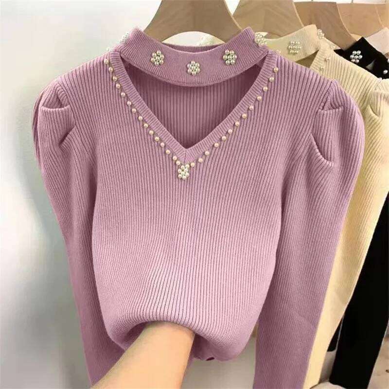 Autumn Winter Women Pullover New Fashion Hollow V-neck Nail Bead Long Sleeved Knitted Sweater Bottoming Shirt Female Top Z260313
