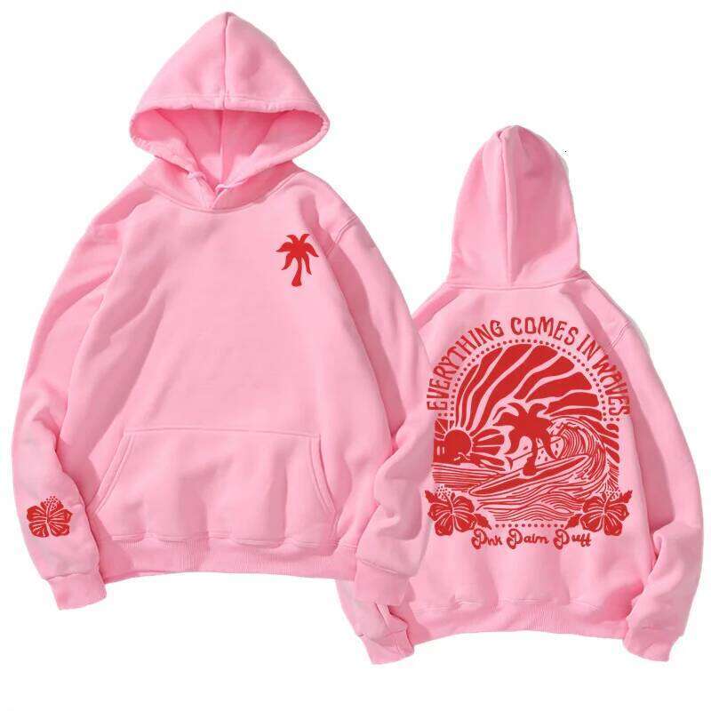 New Women'S And Youth Tropical Island Hoodie Light Grey With Pink Flower Print Daily Street Wear - Four Seasons Women Z260314