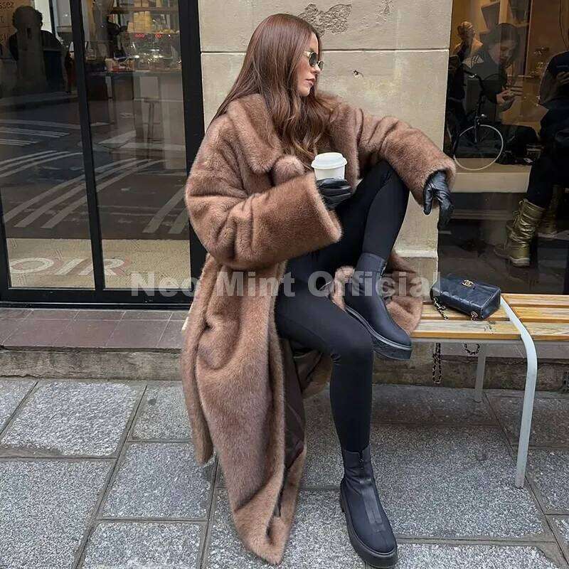 Neo Mint Luxury Long Belted Faux Mink Women 2025 Winter Thick Warm Overcoat Chic Street Fashion Fake Fur Coat Outerwear Z260313