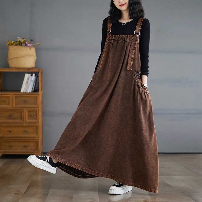 Retro Crtsmanip Loose Fit Slimming Denim Overalls Long Skirt Dr Spring Summer Autumn Winter A-Line Straight Cut GownT260314