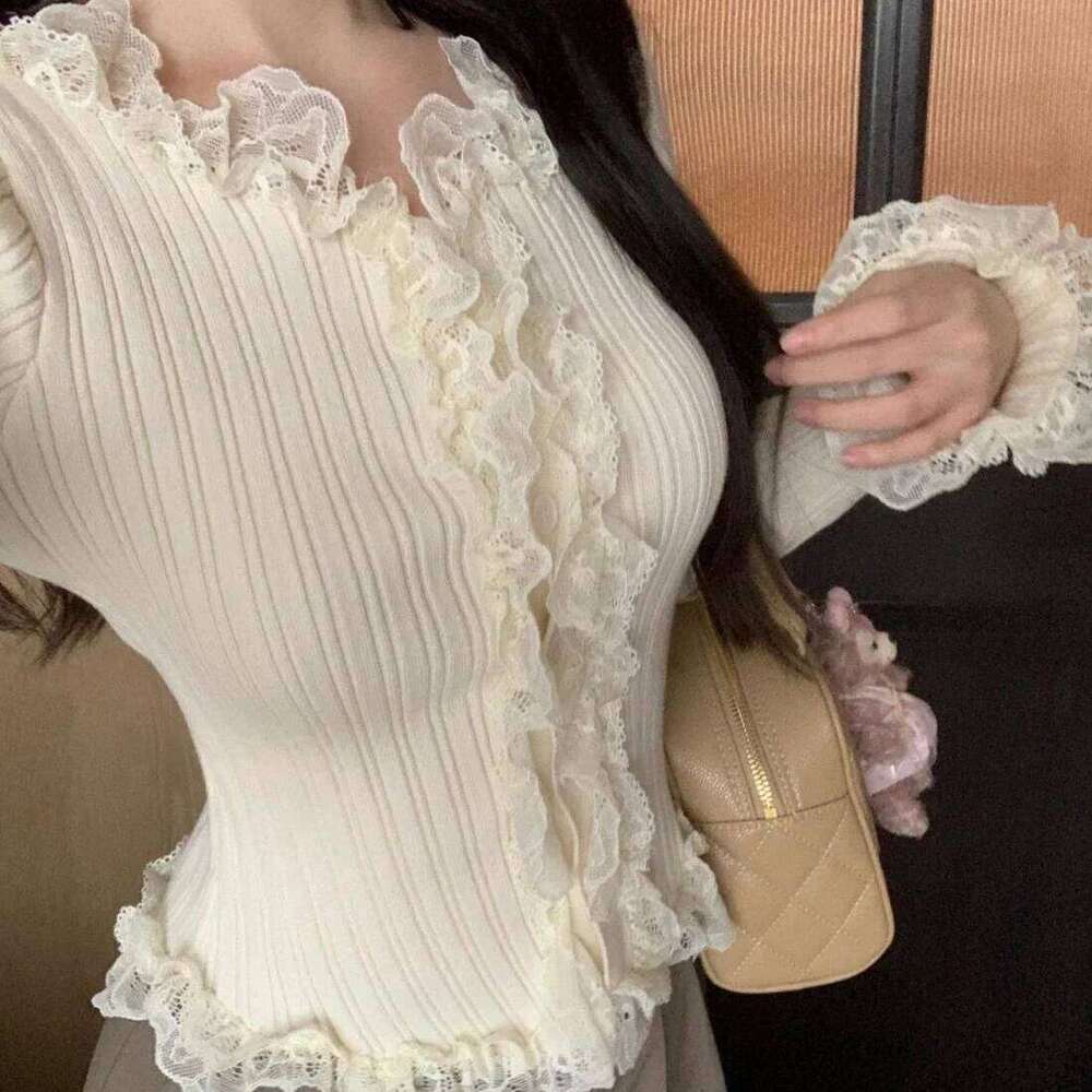 Women Cardigan Lace Patchwork Knitted Basic Tops Button-up Autumn Hotsweet Crop Sweater All-match Elegant Tender Casual Daily Z260313