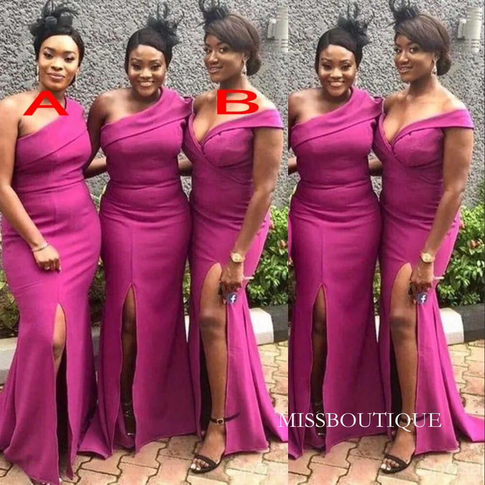 Sexy Bridesmaid Dresses Fuchsia Floor Length Wedding Guest Junior Maid Of Honor Dress Elastic Silk Like Satin Party Gowns Mermaid Side Split 403 B0313