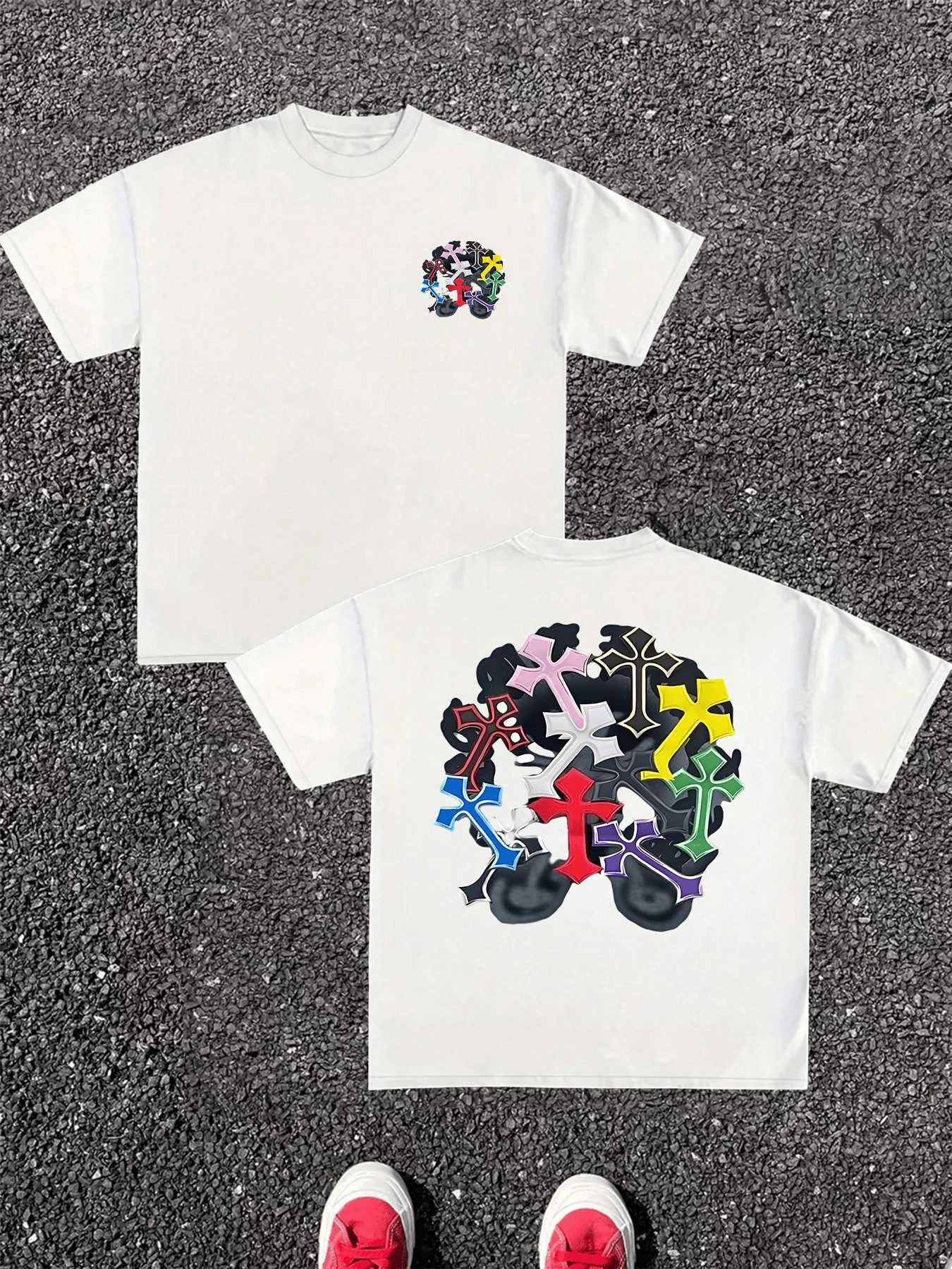 Mens T-shirt Pure Cotton Double Sided Digital Print With Colorful Crosses Graphic Unisex Breathable harajuku cotton streetwear D260313