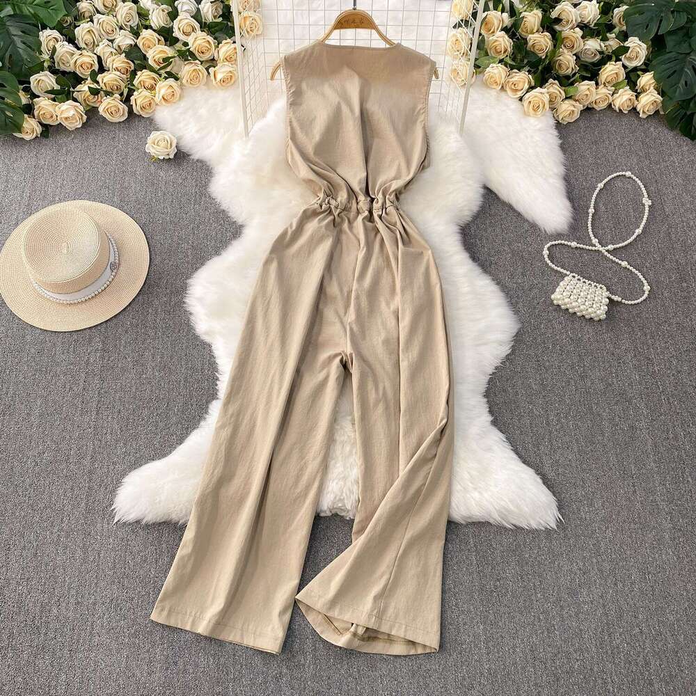 A15 Elegant style sleeveless V-neck single breasted jumpsuit women's 2026 summer new item drawstring waist slim fit wide leg
