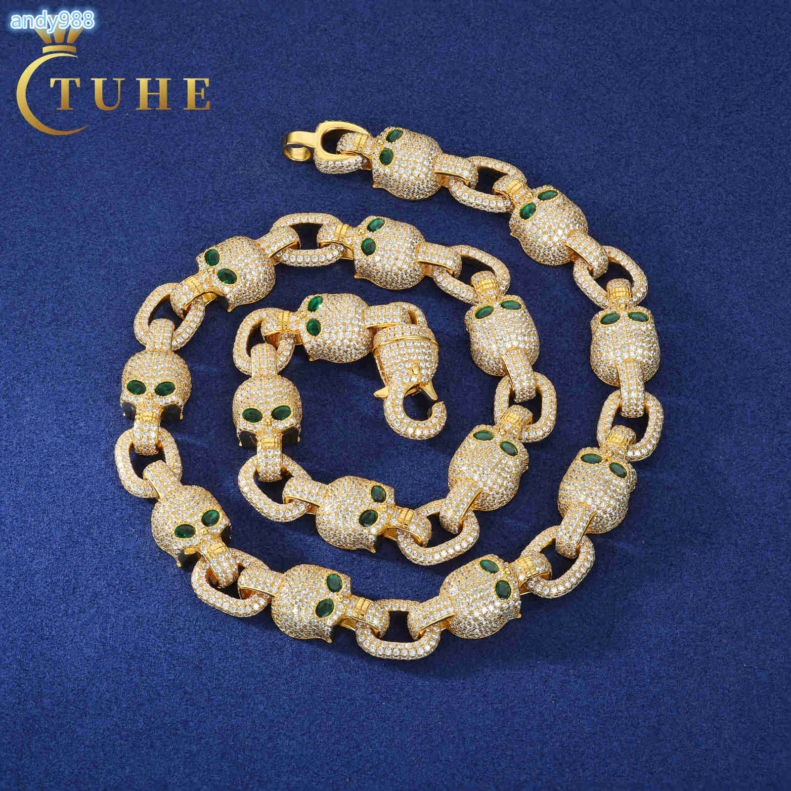 Customized Personality Design Men Jewelry 13MM 925 Silver VVS Moissanite Iced Out Green Eye Skull Link Chain Necklace