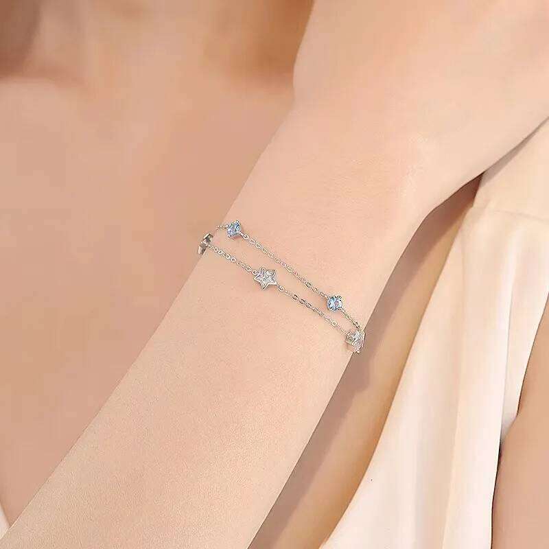 Fine 925 Sterling Silver Sparking Star For Women Girls Vintage Korean Blue White Crystal Bracelets Party Jewelry Gifts Z260313