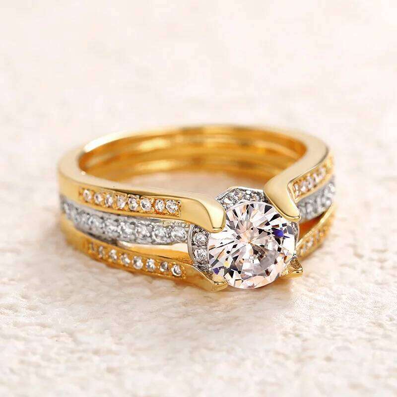 Huitan Lady Sparkling Finger Ring Wedding Ceremony Fashion Gold Color Jewelry for Engagement Party Bridal Accessories H260312